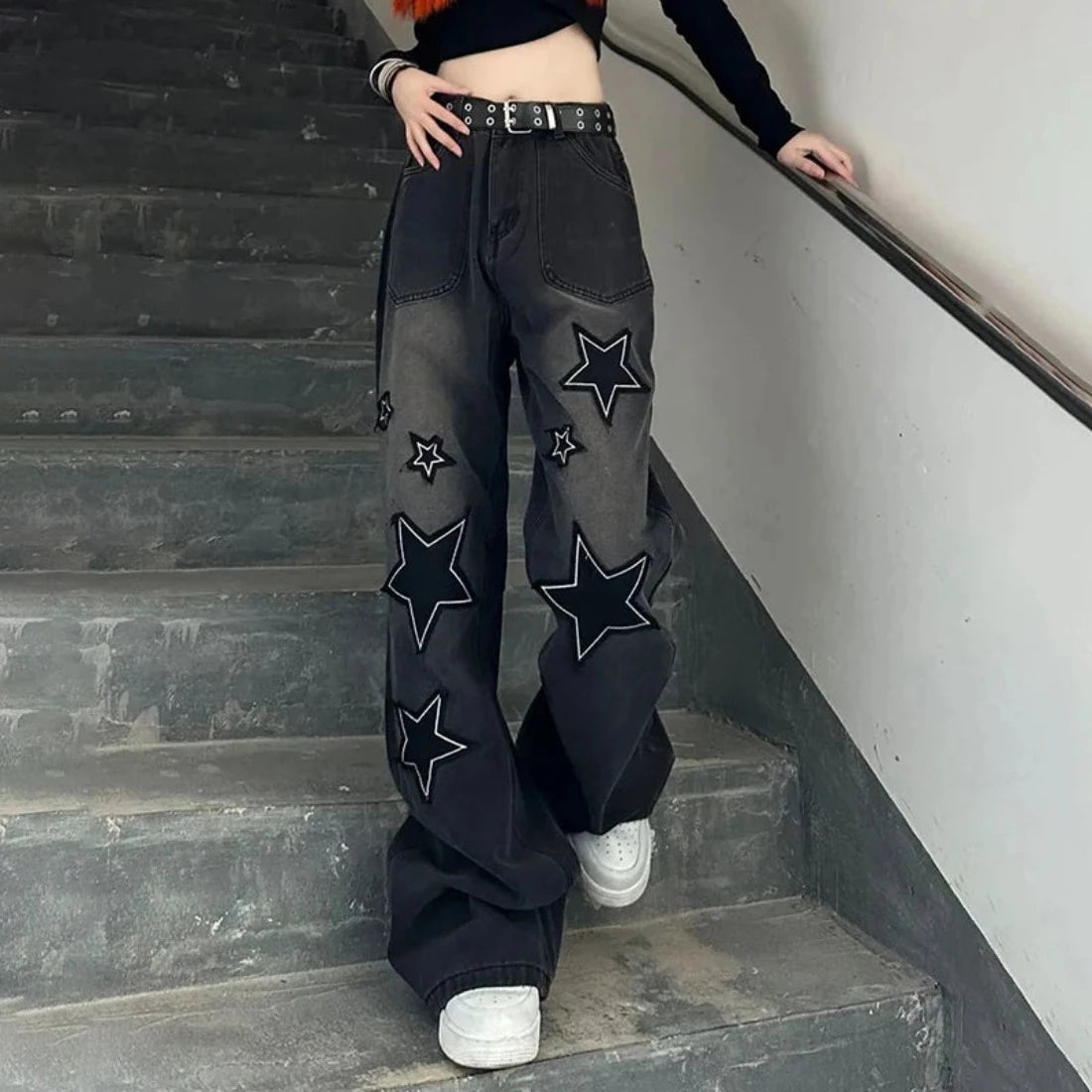 Star High Waist Black Jeans Y2K