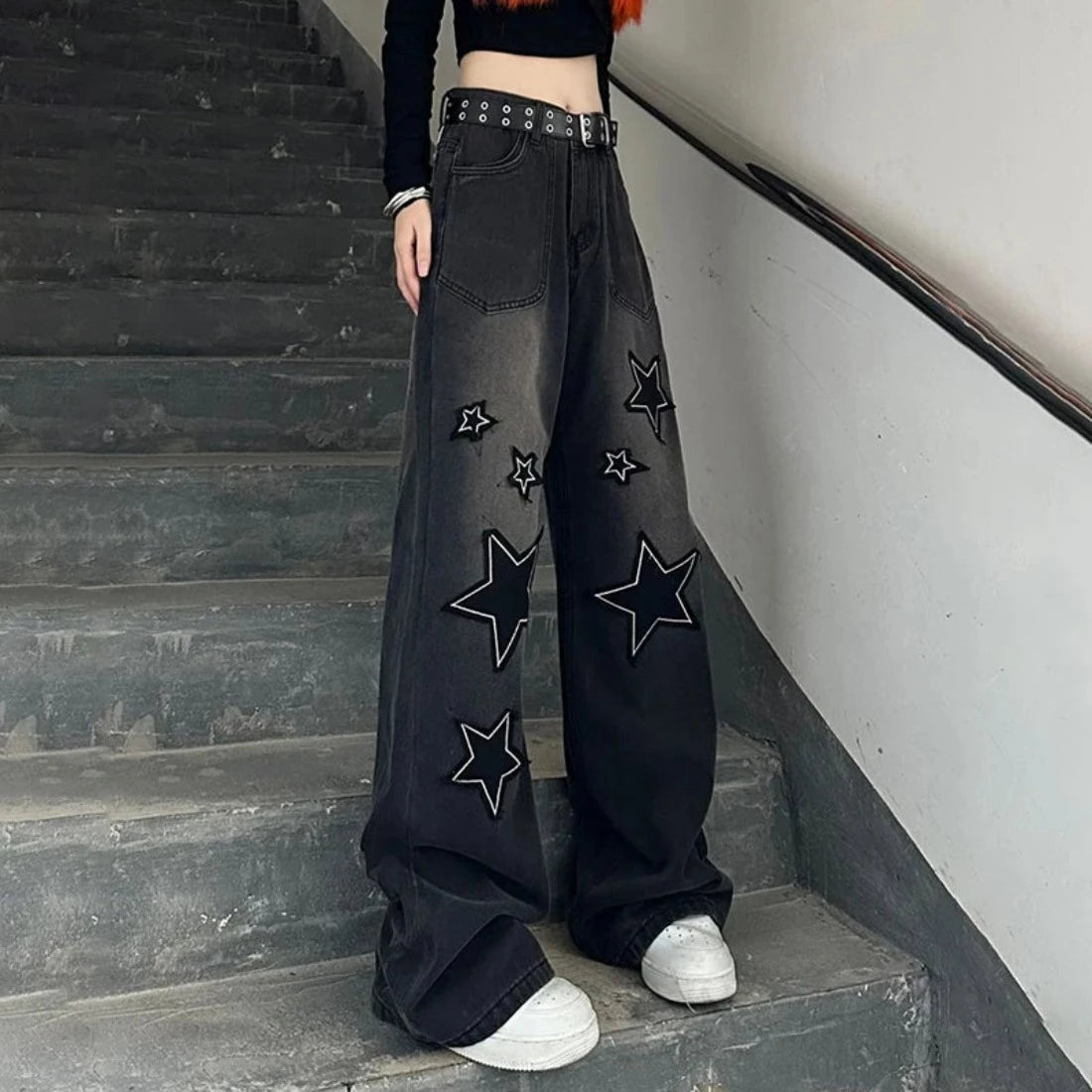 Star High Waist Black Jeans Y2K