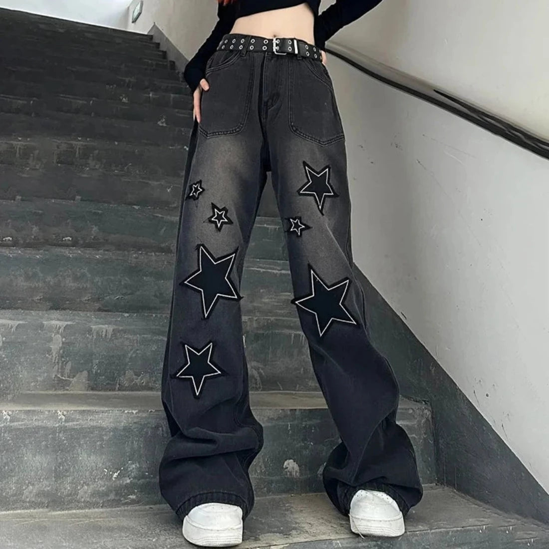 Star High Waist Black Jeans Y2K